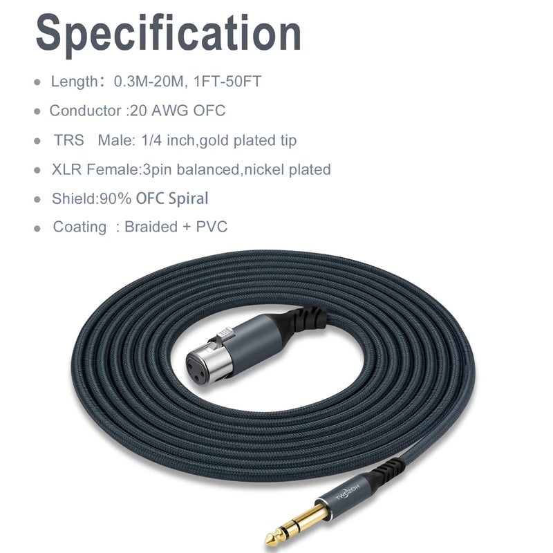 Twozoh XLR Female to 1/4 TRS Cable 3.3FT, Braided 6.35mm Stereo Jack Balanced to 3pin XLR Microphone Cable - Image 5
